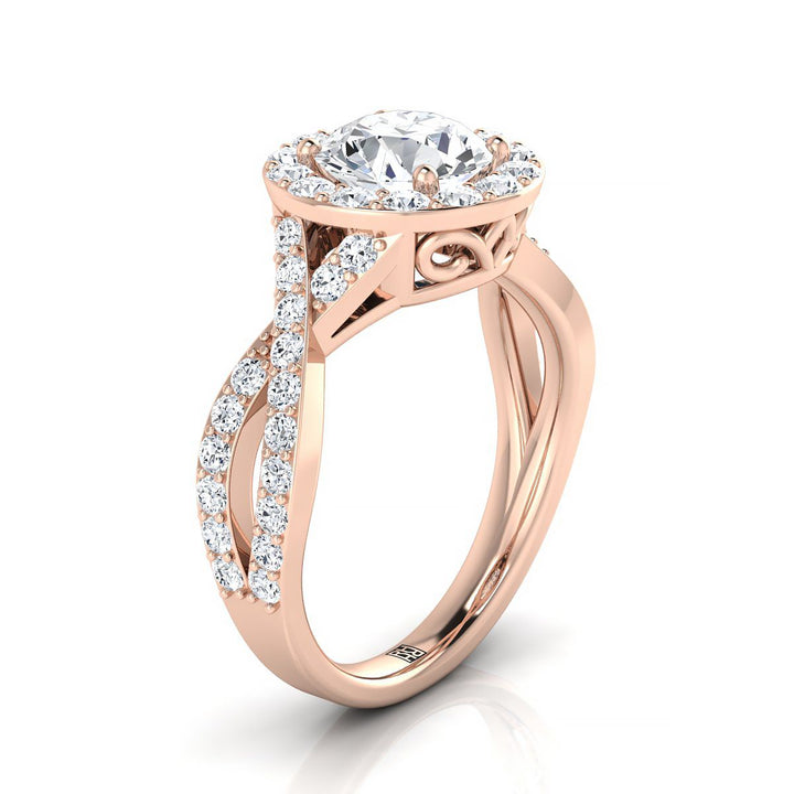 Round Brilliant, Twisted Lattice Halo, in 14K Rose Gold, pave setting – side profile | RockHer