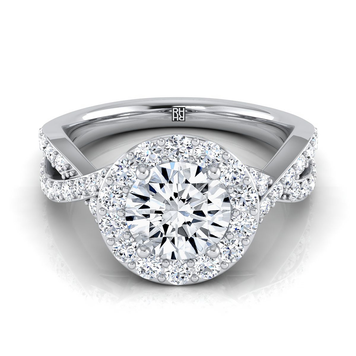 Round Brilliant, Twisted Lattice Halo, in 18K White Gold, pave setting | RockHer