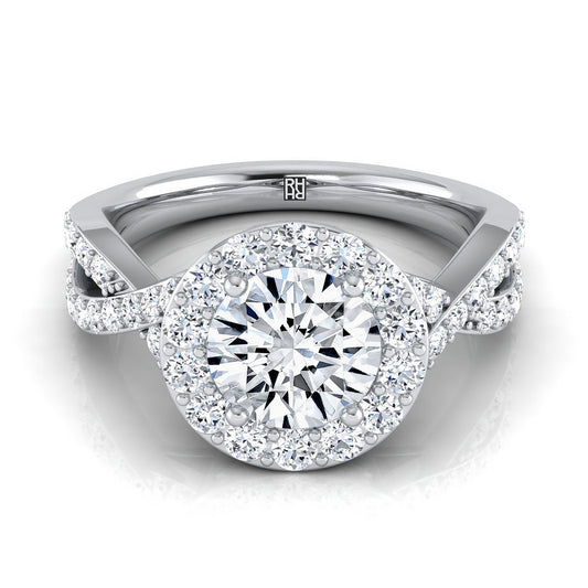 Round Brilliant, Twisted Lattice Halo, in 18K White Gold, pave setting | RockHer