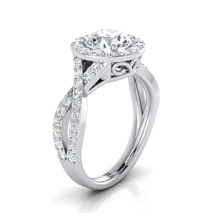 Round Brilliant, Twisted Lattice Halo, in 18K White Gold, pave setting – side profile | RockHer