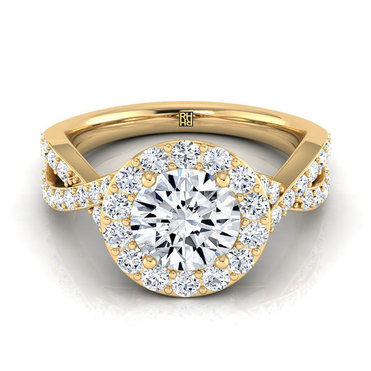 Round Brilliant, Twisted Lattice Halo, in 18K Yellow Gold, pave setting | RockHer