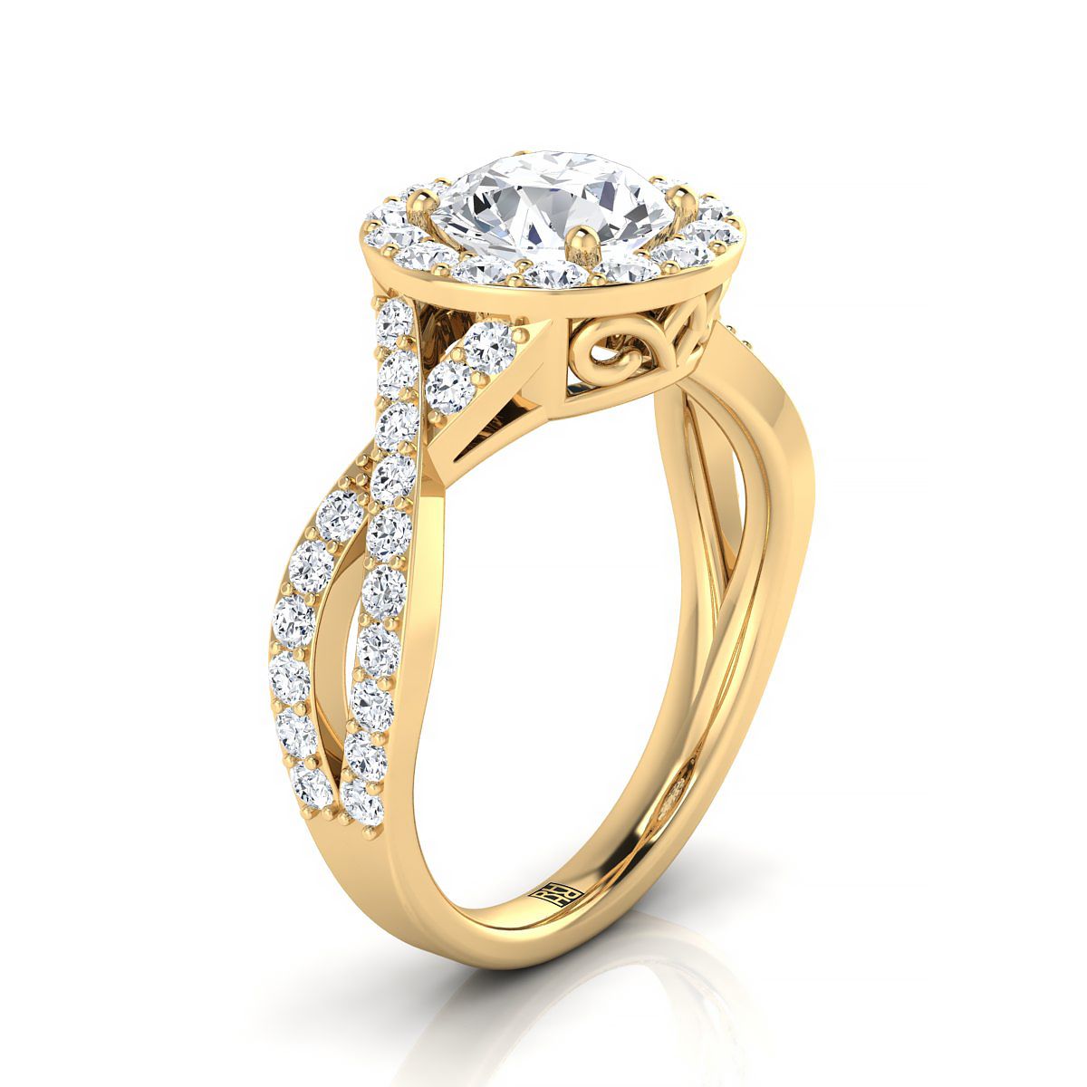Round Brilliant, Twisted Lattice Halo, in 18K Yellow Gold, pave setting – side profile | RockHer
