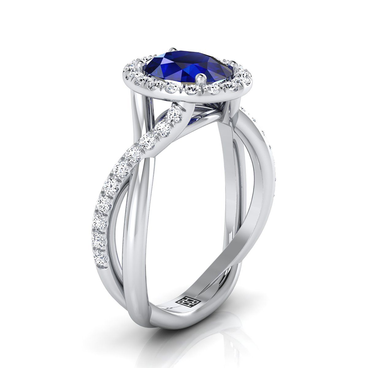 แหวนหมั้นทองคำขาว 18K รูปไข่ประดับแซฟไฟร์ ล้อมเพชรดีไซน์เถาวัลย์บิด - 1/2ctw