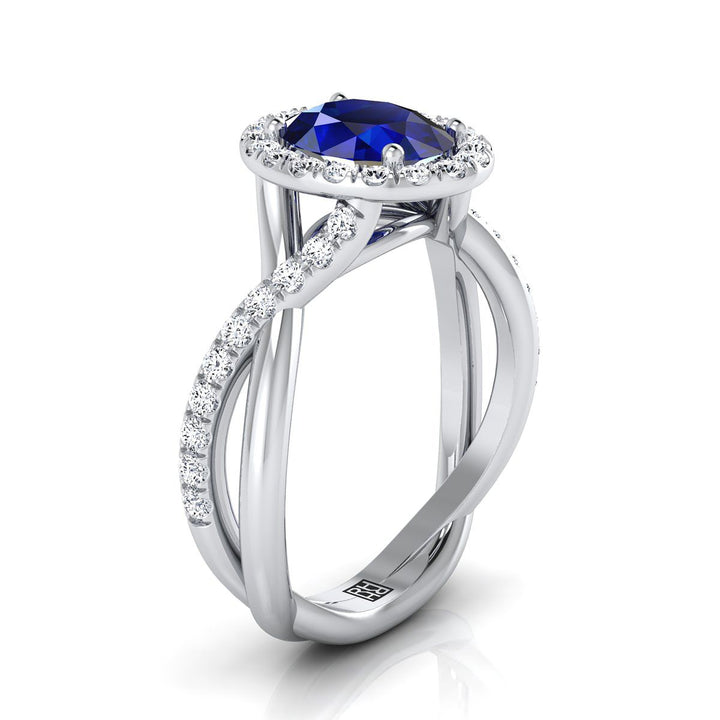 แหวนหมั้นเพชรฮาโลทรงวงรีพลาตินัมประดับไพลินบิดเป็นเถาวัลย์ - 1/2ctw