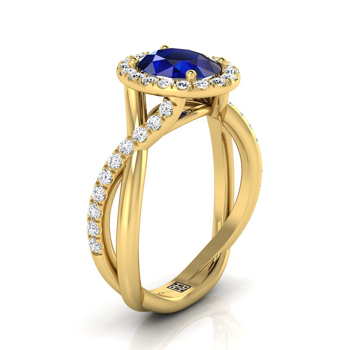 แหวนหมั้นทองคำ 14K สีเหลือง รูปไข่ ประดับไพลิน ลายเถาวัลย์บิด พร้อมเพชรล้อม - 1/2 กะรัตรวม