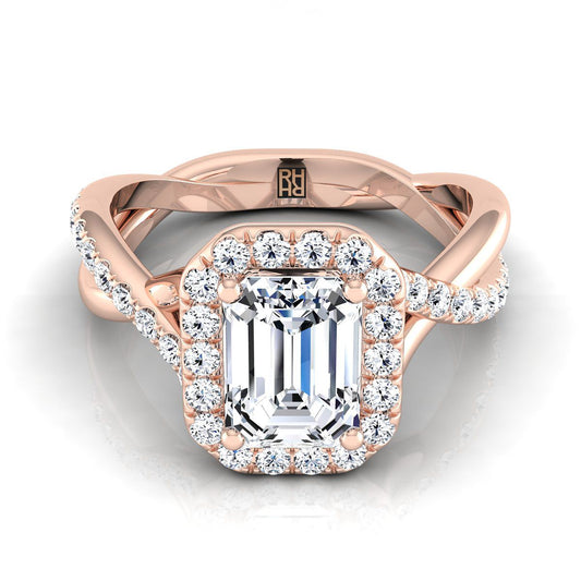 European Cut, Twisted Vine Halo Emerald, in 14K Rose Gold, pave setting | RockHer