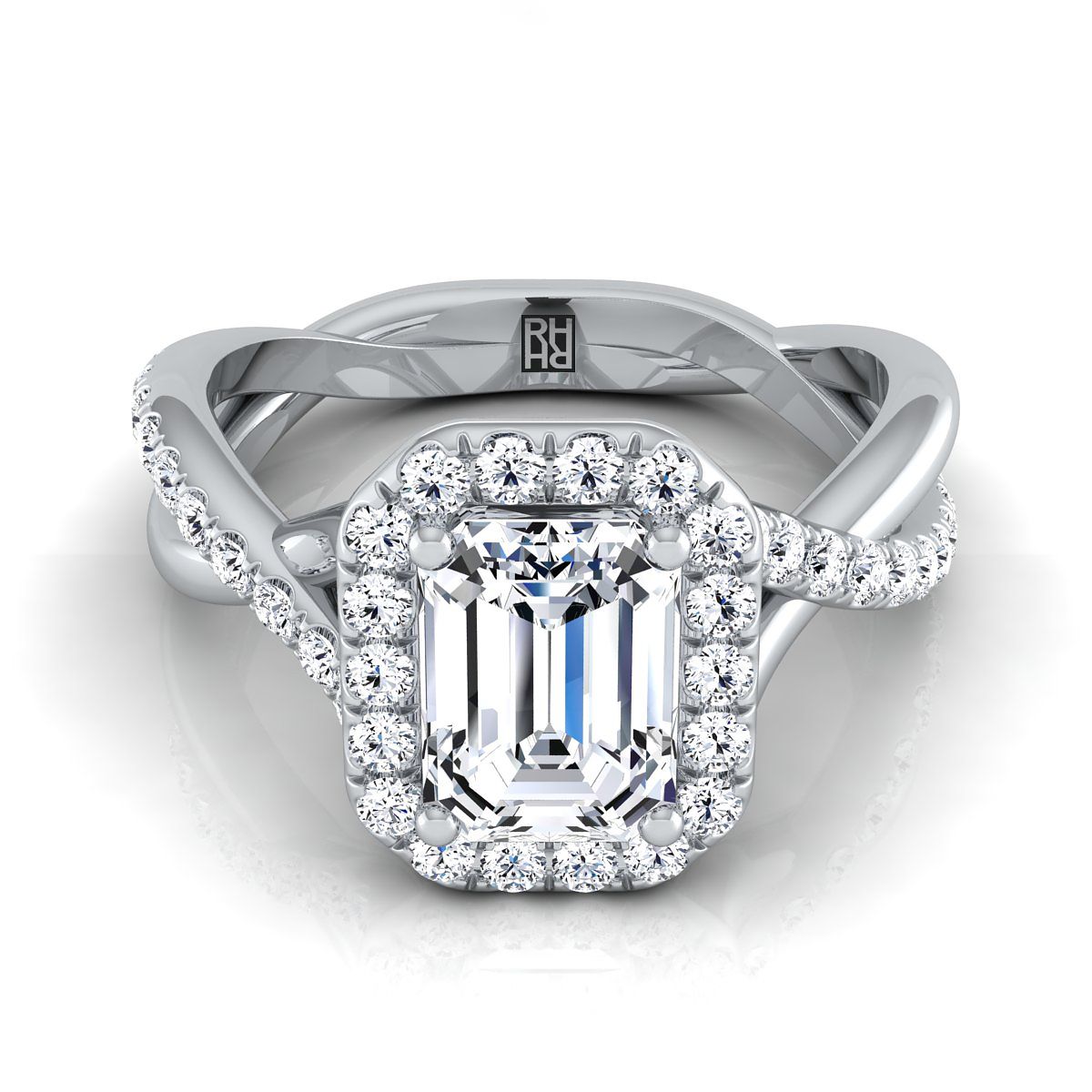European Cut, Twisted Vine Halo Emerald, in Platinum, pave setting – view 8 | RockHer