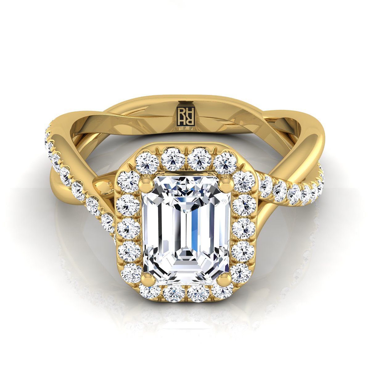 European Cut, Twisted Vine Halo Emerald, in 18K Yellow Gold, pave setting | RockHer