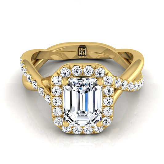 European Cut, Twisted Vine Halo Emerald, in 18K Yellow Gold, pave setting | RockHer