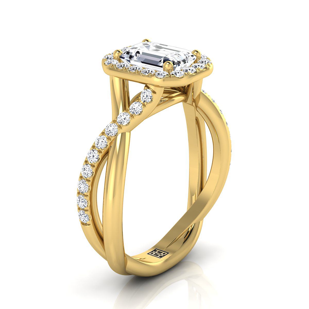 European Cut, Twisted Vine Halo Emerald, in 18K Yellow Gold, pave setting – side profile | RockHer