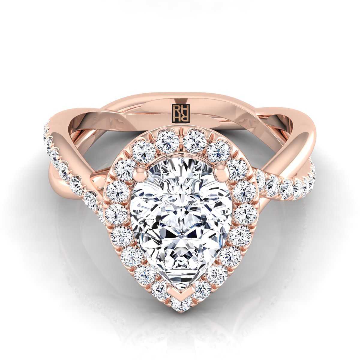Twisted Vine Halo Pear Shape, in 14K Rose Gold, pave setting | RockHer