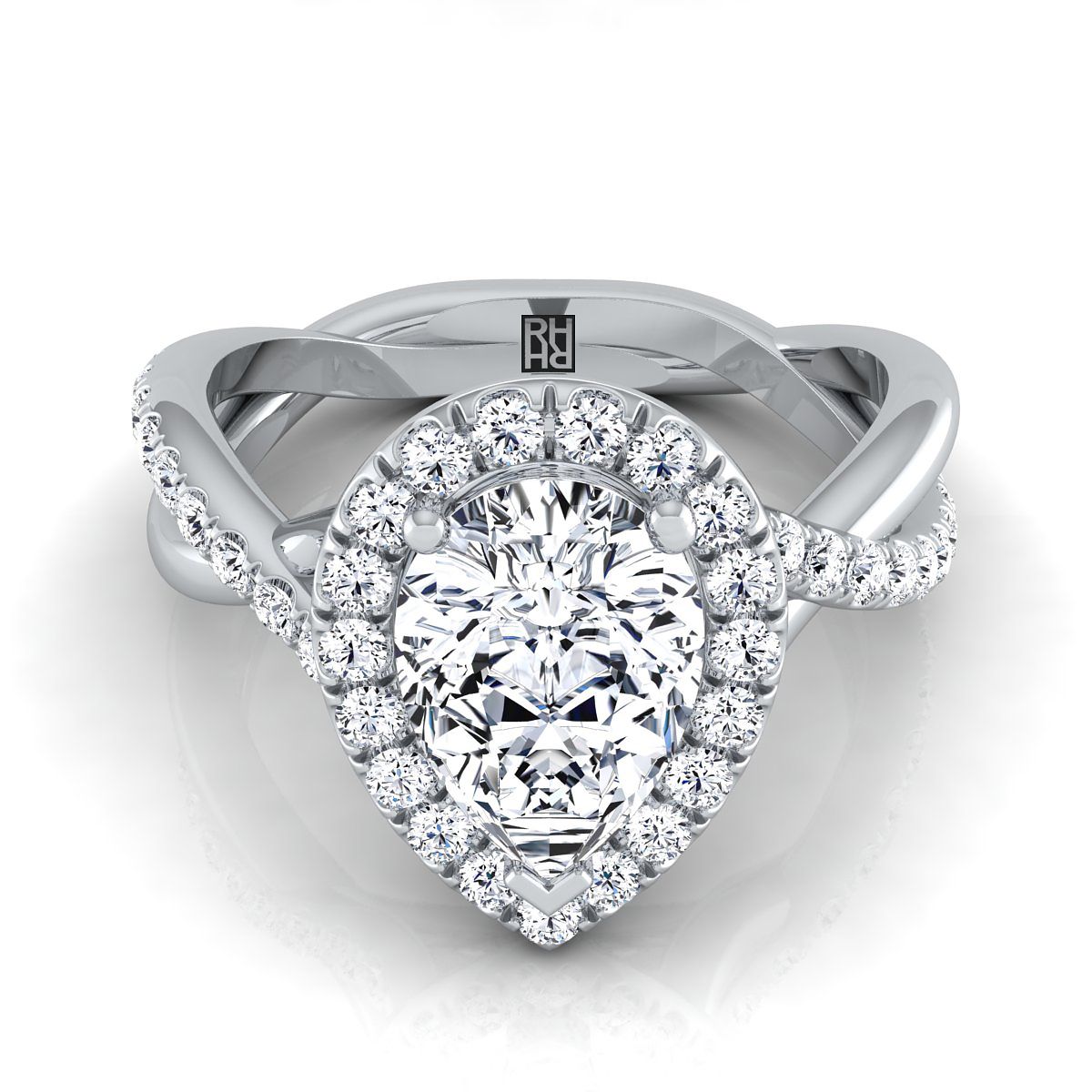 Twisted Vine Halo Pear Shape, in 18K White Gold, pave setting | RockHer