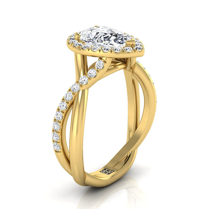 Twisted Vine Halo Pear Shape, in 18K Yellow Gold, pave setting – side profile | RockHer