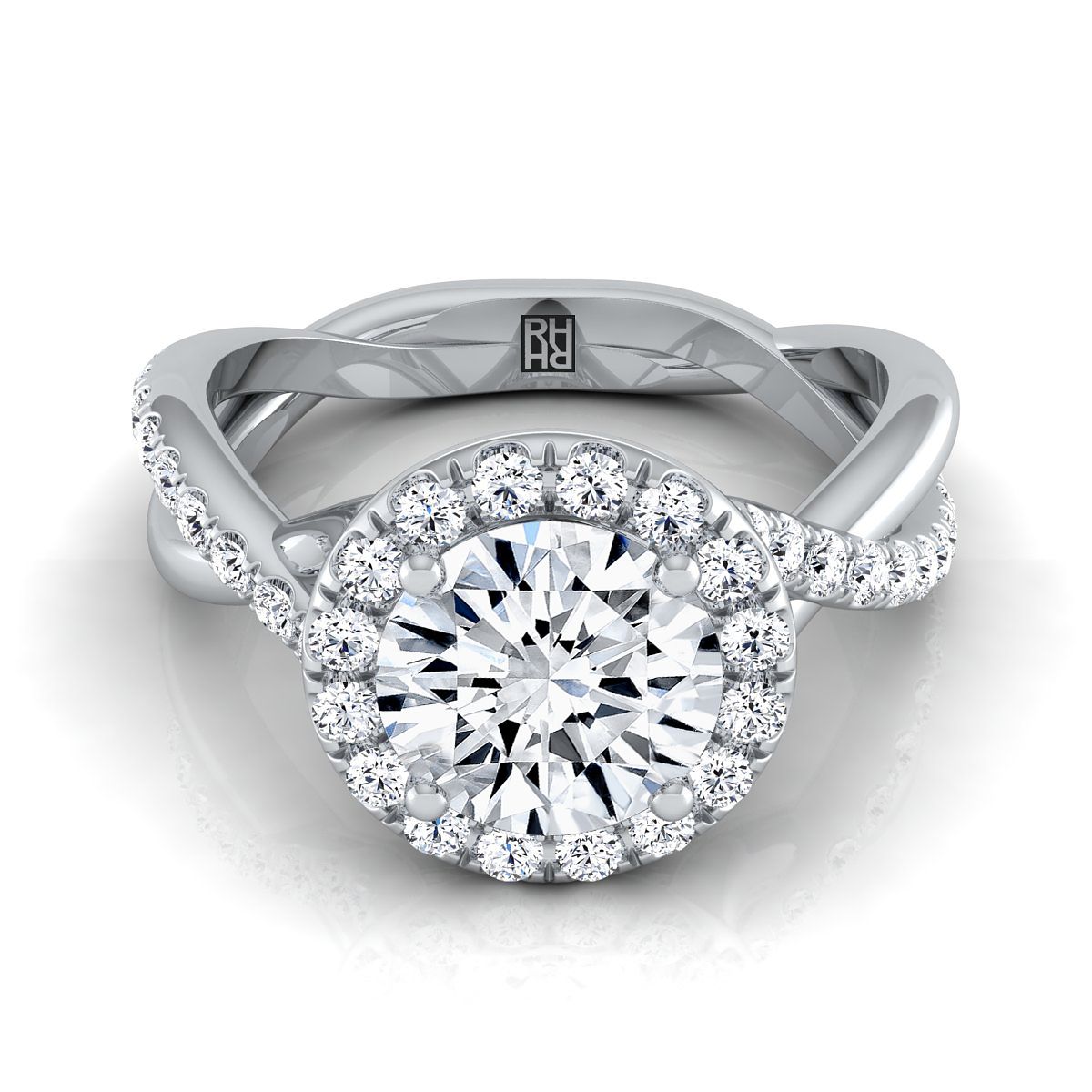Round Brilliant, Twisted Vine Halo, in 18K White Gold, pave setting | RockHer