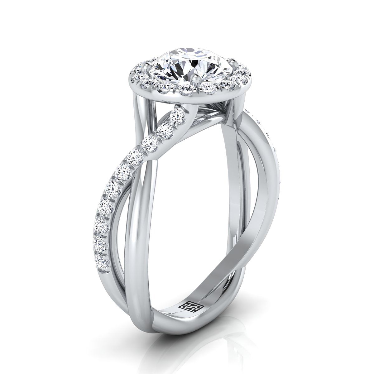 Round Brilliant, Twisted Vine Halo, in Platinum, pave setting – side profile | RockHer