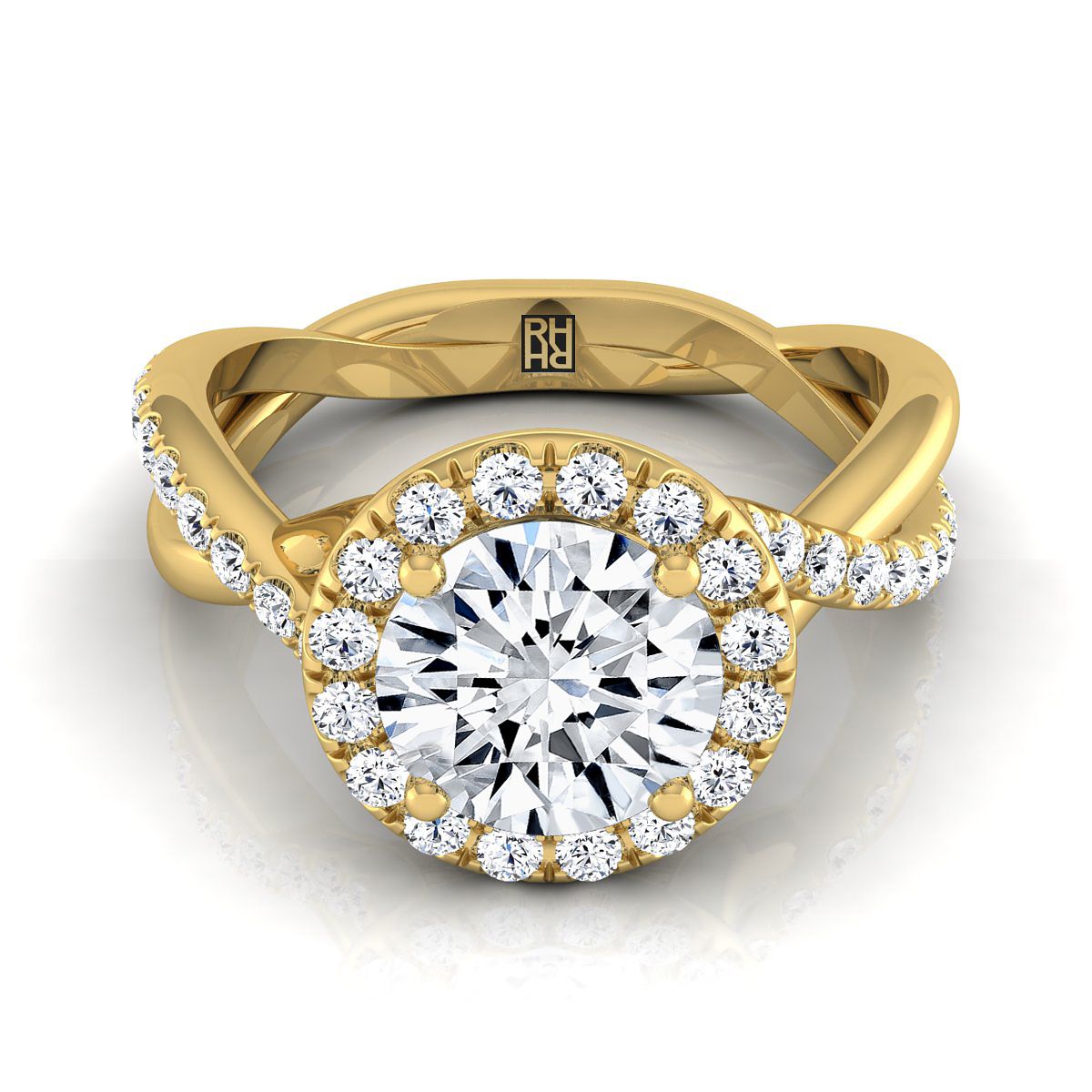 Round Brilliant, Twisted Vine Halo, in 18K Yellow Gold, pave setting | RockHer