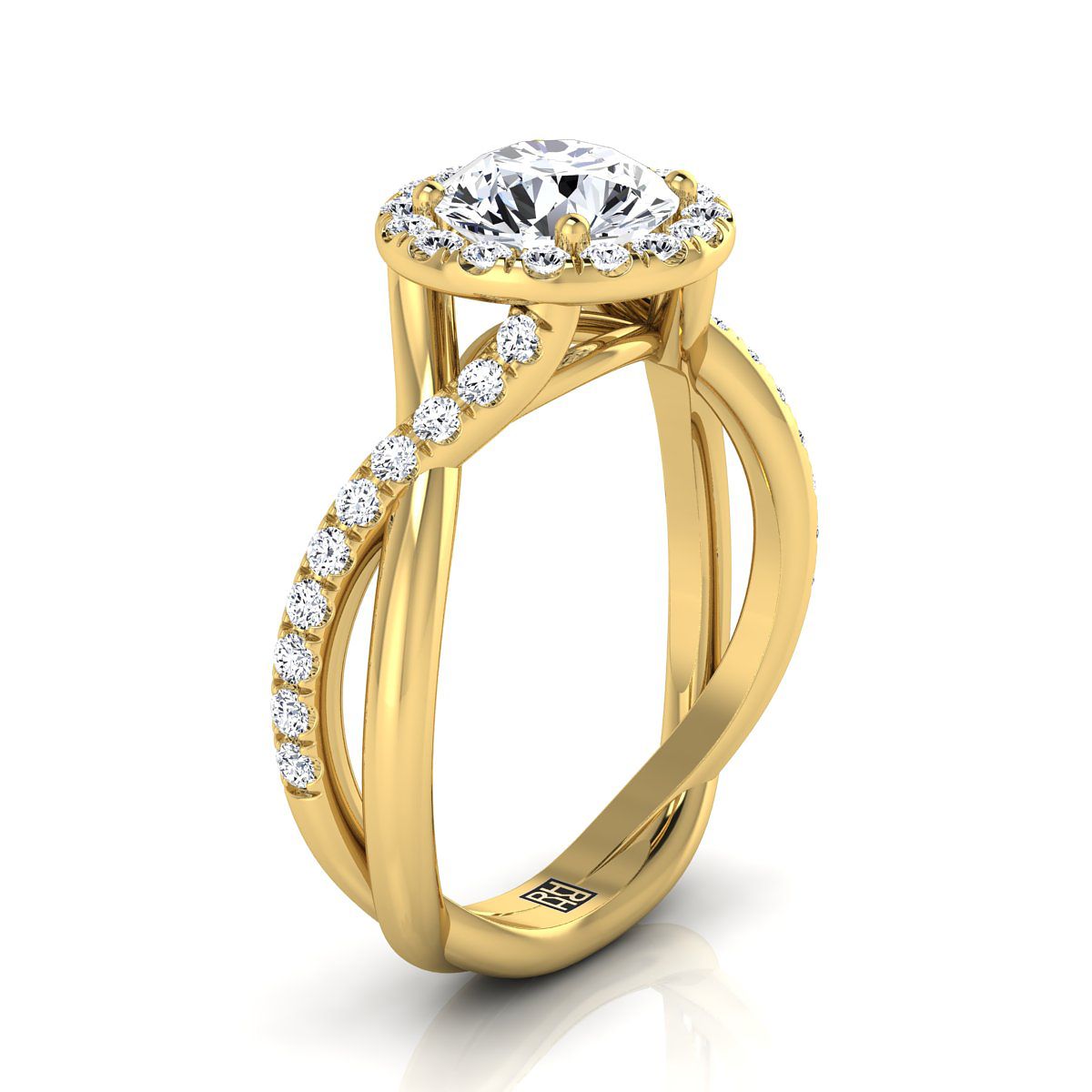 Round Brilliant, Twisted Vine Halo, in 18K Yellow Gold, pave setting – side profile | RockHer