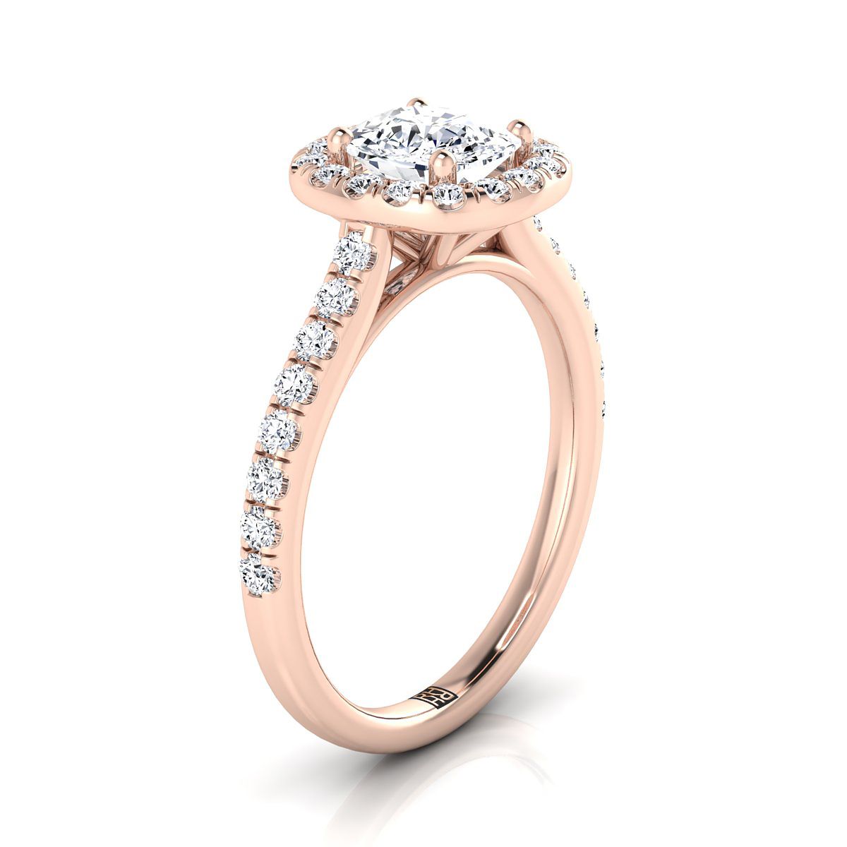 Cathedral Pavé Halo Cushion, in 14K Rose Gold, pave setting – side profile | RockHer
