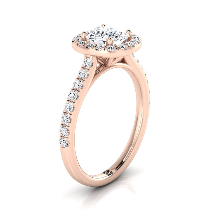 Cathedral Pavé Halo Cushion, in 14K Rose Gold, pave setting – side profile | RockHer