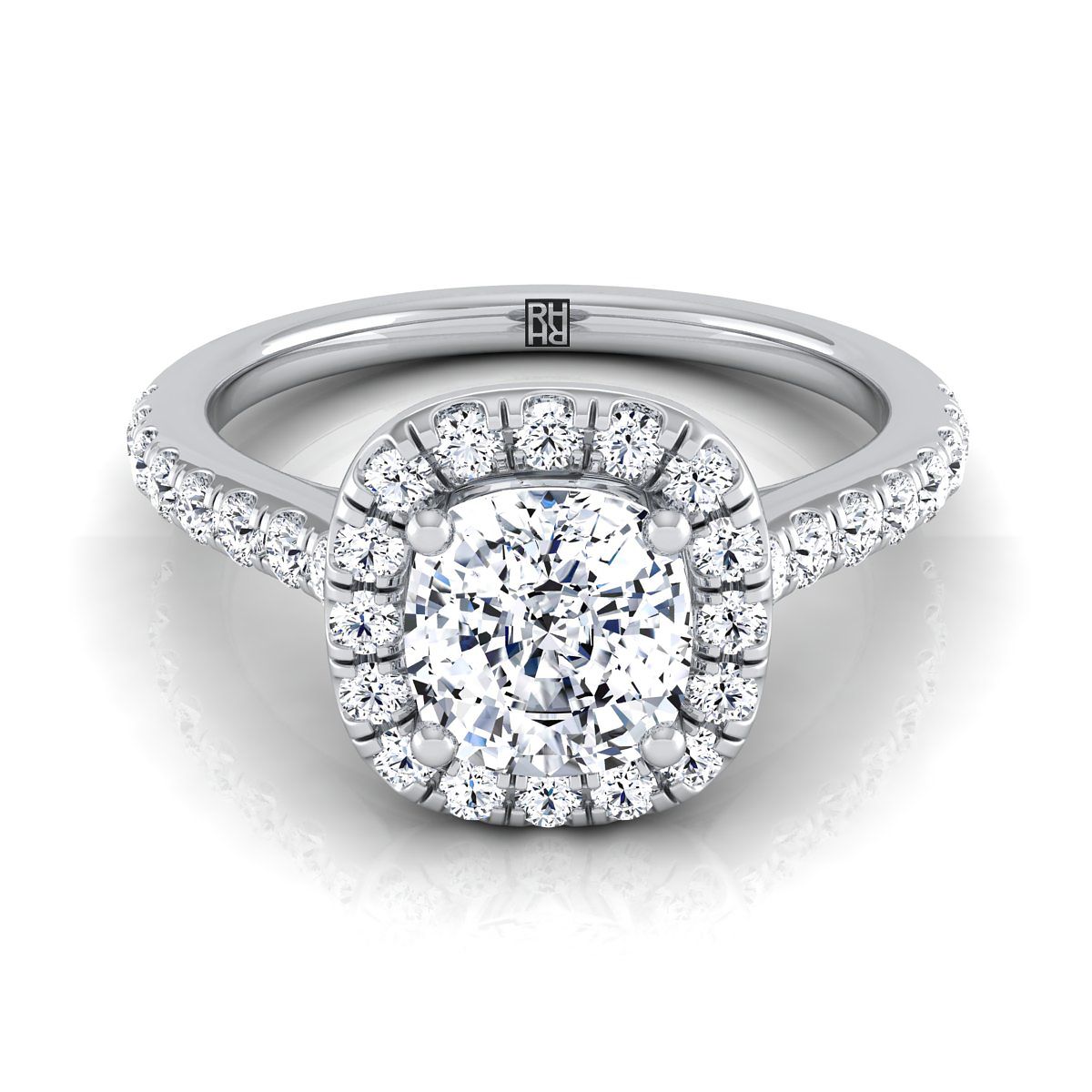 Cathedral Pavé Halo Cushion, in 18K White Gold, pave setting | RockHer