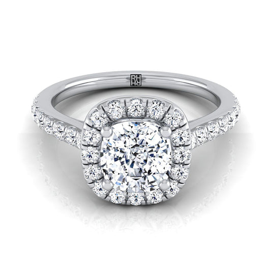 แหวนหมั้นสไตล์วิหารเพชรคลาสสิกแบบแถวประดับเพชรเม็ดเล็กแพลทินัม Cushion Diamond Classic Pave Halo Cathedral Style Engagement Ring -1/2ctw