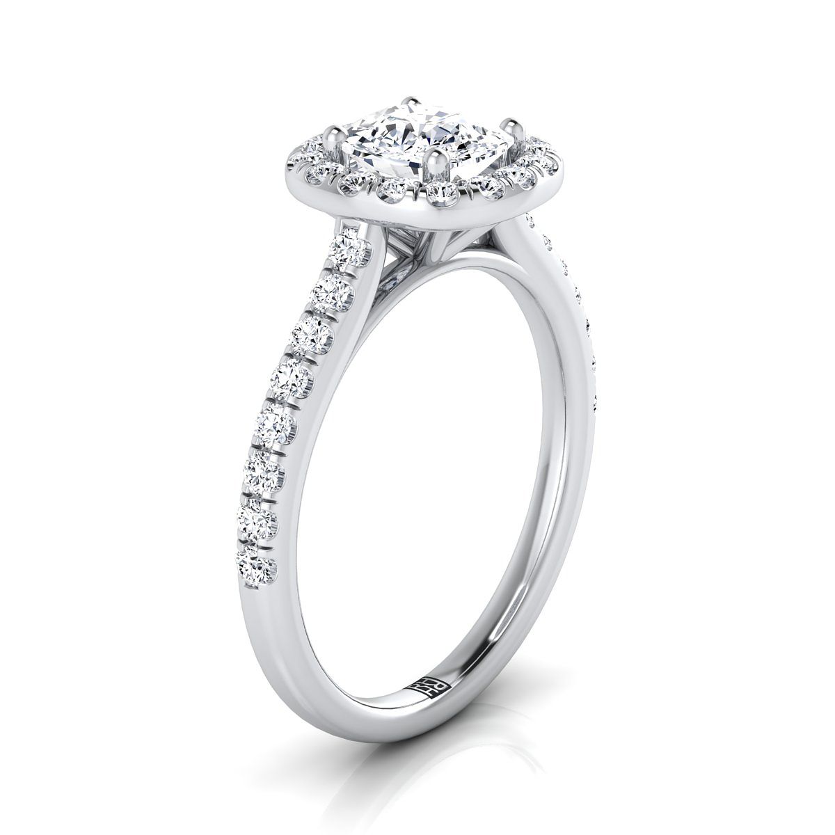 Cathedral Pavé Halo Cushion, in 18K White Gold, pave setting – side profile | RockHer
