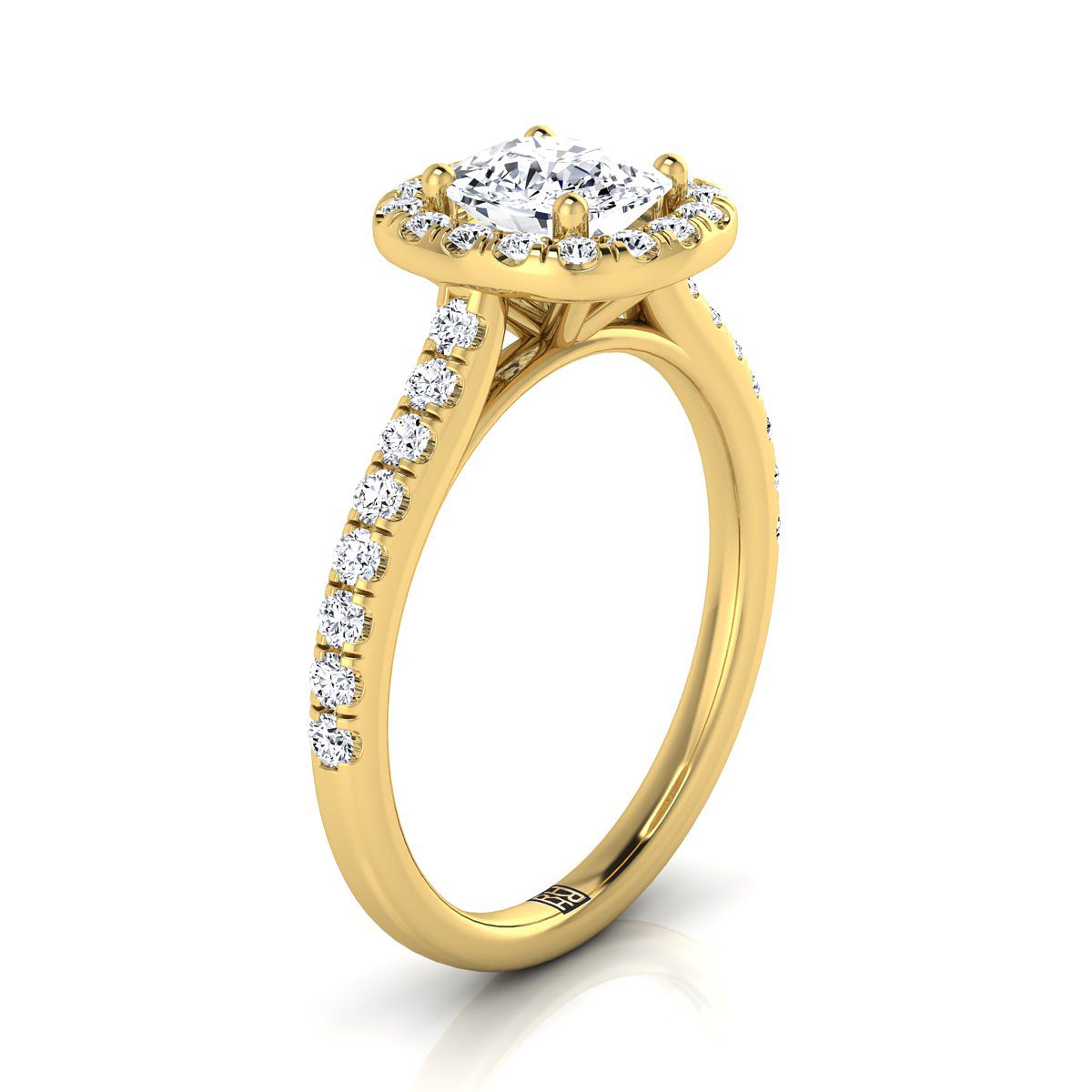 Cathedral Pavé Halo Cushion, in 18K Yellow Gold, pave setting – side profile | RockHer