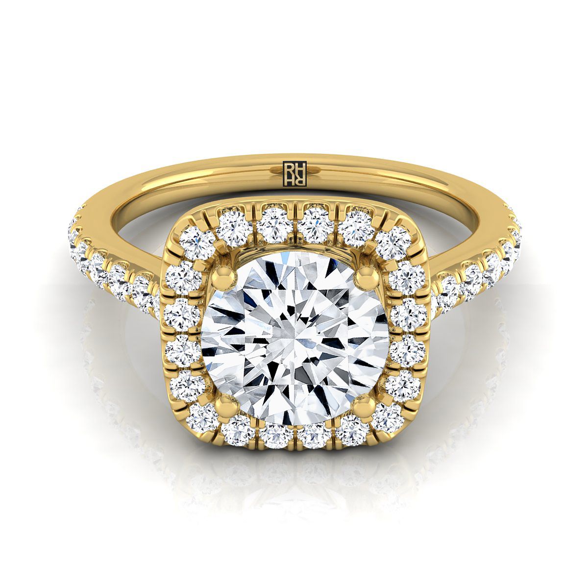 Round Brilliant, Cathedral Pavé Halo, in 18K Yellow Gold, pave setting | RockHer