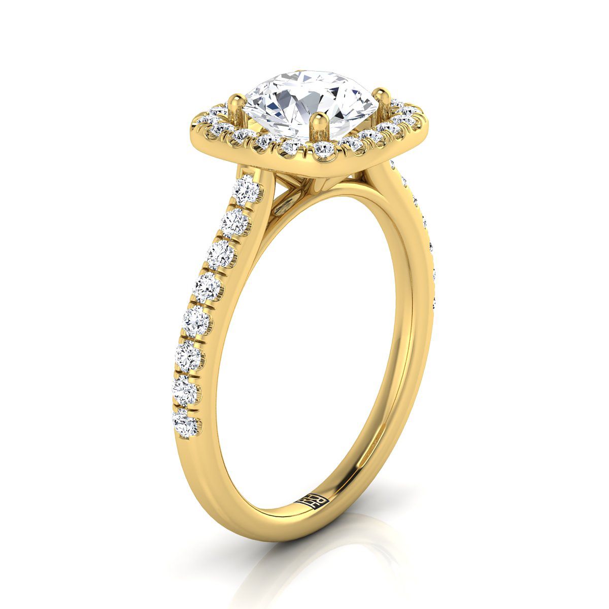Round Brilliant, Cathedral Pavé Halo, in 18K Yellow Gold, pave setting – side profile | RockHer