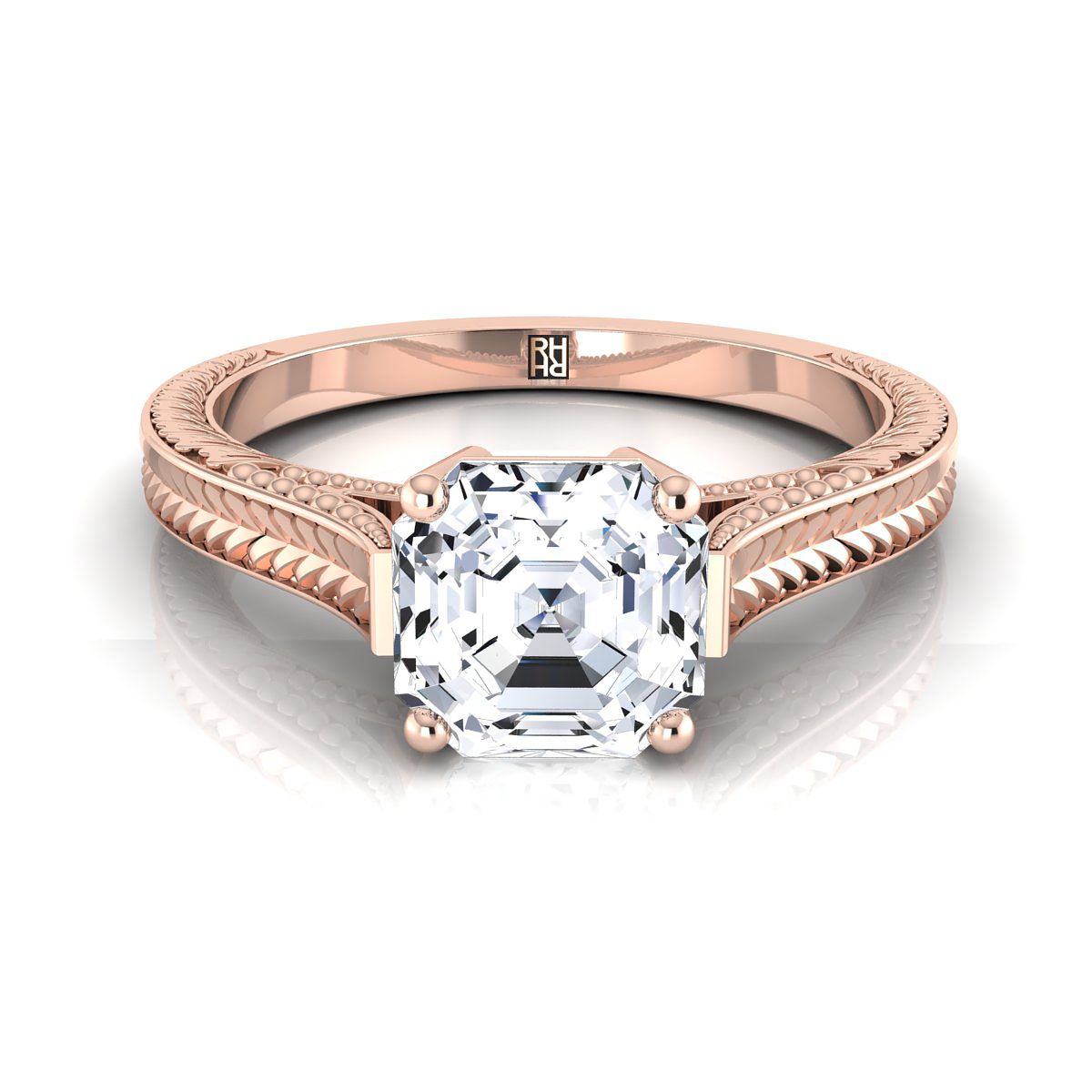 Hand-Engraved Vintage Cathedral Solitaire Asscher, in 14K Rose Gold, prong setting | RockHer