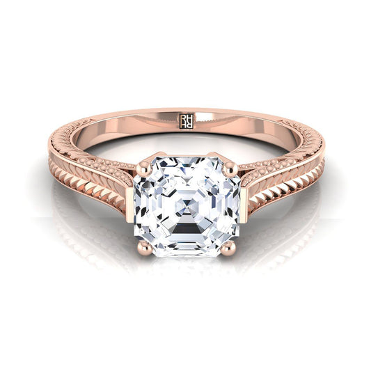 Hand-Engraved Vintage Cathedral Solitaire Asscher, in 14K Rose Gold, prong setting | RockHer
