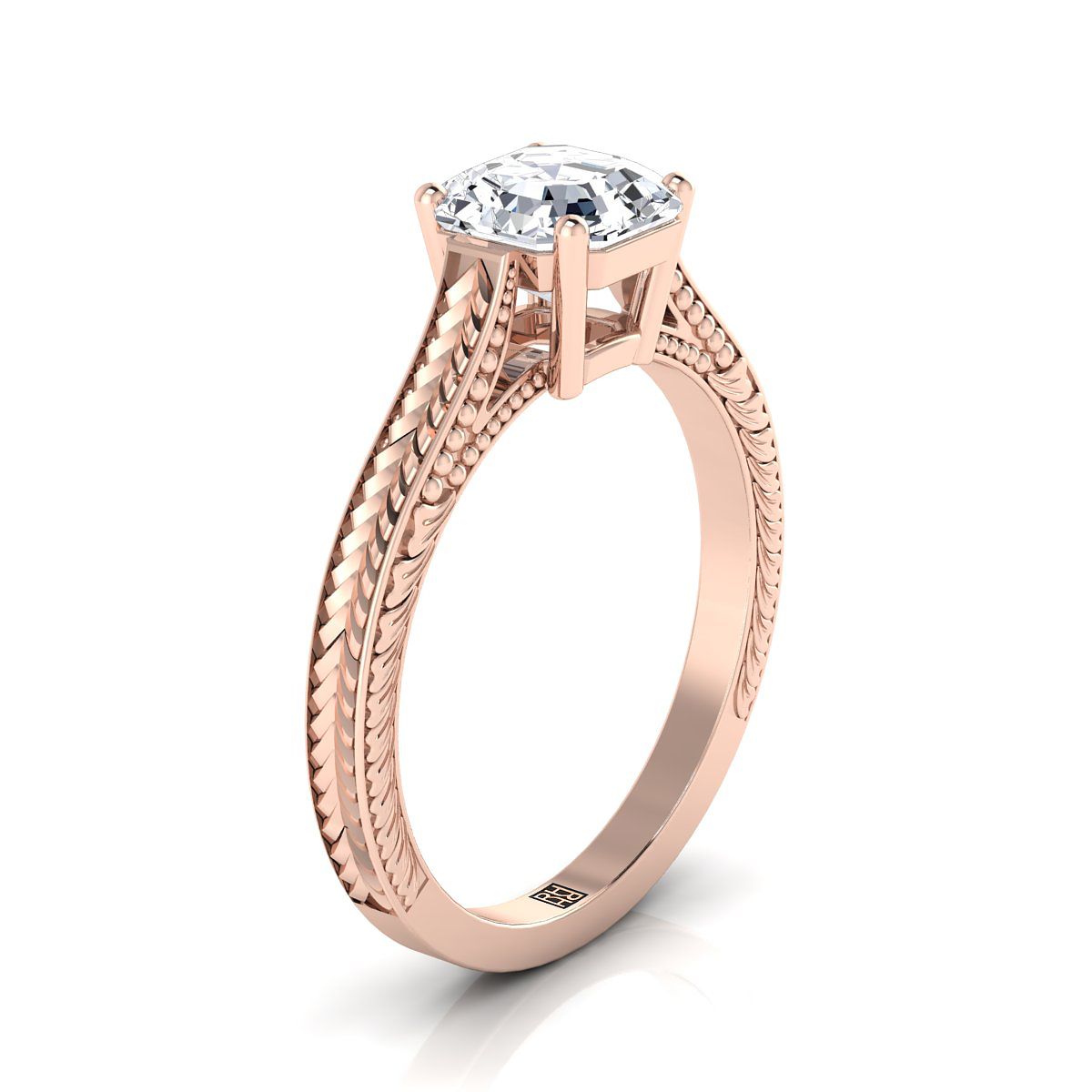Hand-Engraved Vintage Cathedral Solitaire Asscher, in 14K Rose Gold, prong setting – side profile | RockHer
