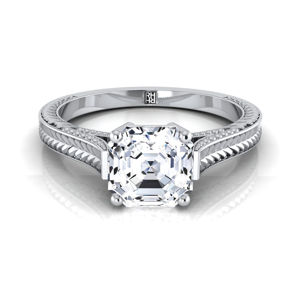 18K White Gold Asscher Cut  Hand Engraved Vintage Cathedral Style Solitaire Engagement Ring