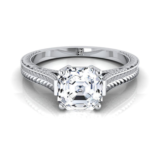 Hand-Engraved Vintage Cathedral Solitaire Asscher, in Platinum, prong setting | RockHer