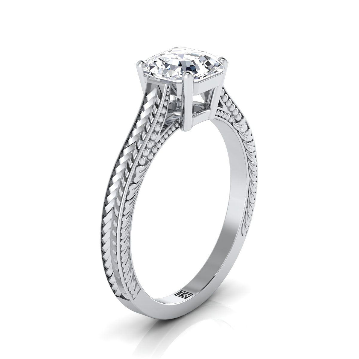 Hand-Engraved Vintage Cathedral Solitaire Asscher, in Platinum, prong setting – side profile | RockHer