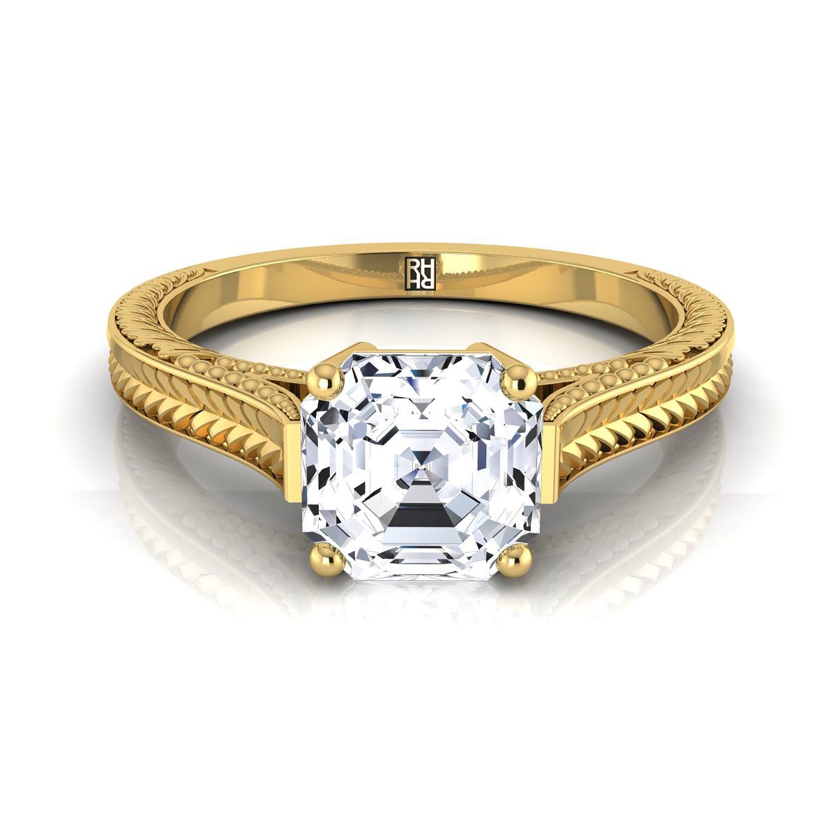 Hand-Engraved Vintage Cathedral Solitaire Asscher, in 18K Yellow Gold, prong setting | RockHer