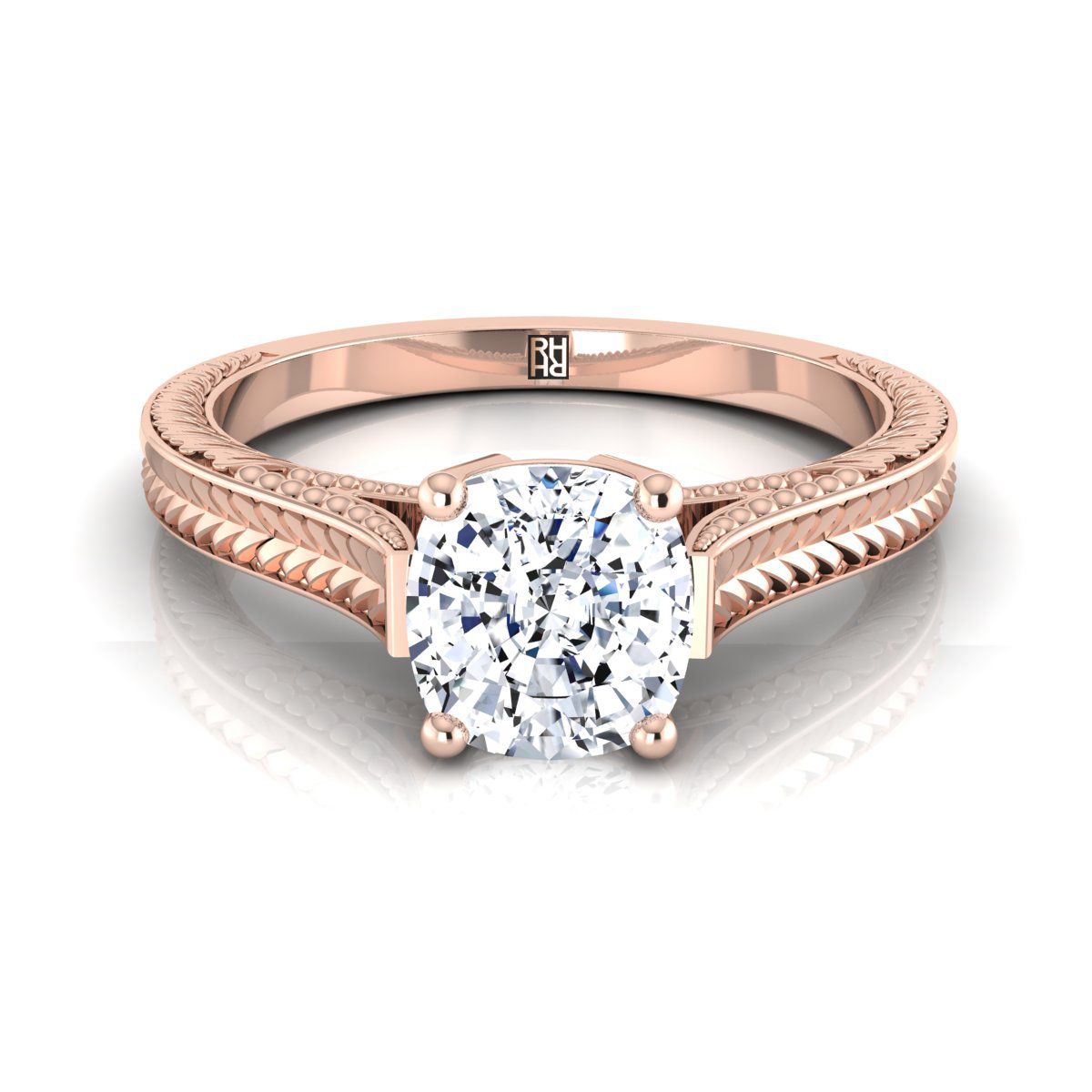 Hand-Engraved Vintage Cathedral Solitaire Cushion, in 14K Rose Gold, prong setting | RockHer