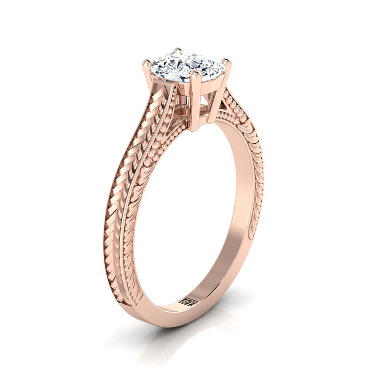 Hand-Engraved Vintage Cathedral Solitaire Cushion, in 14K Rose Gold, prong setting – side profile | RockHer