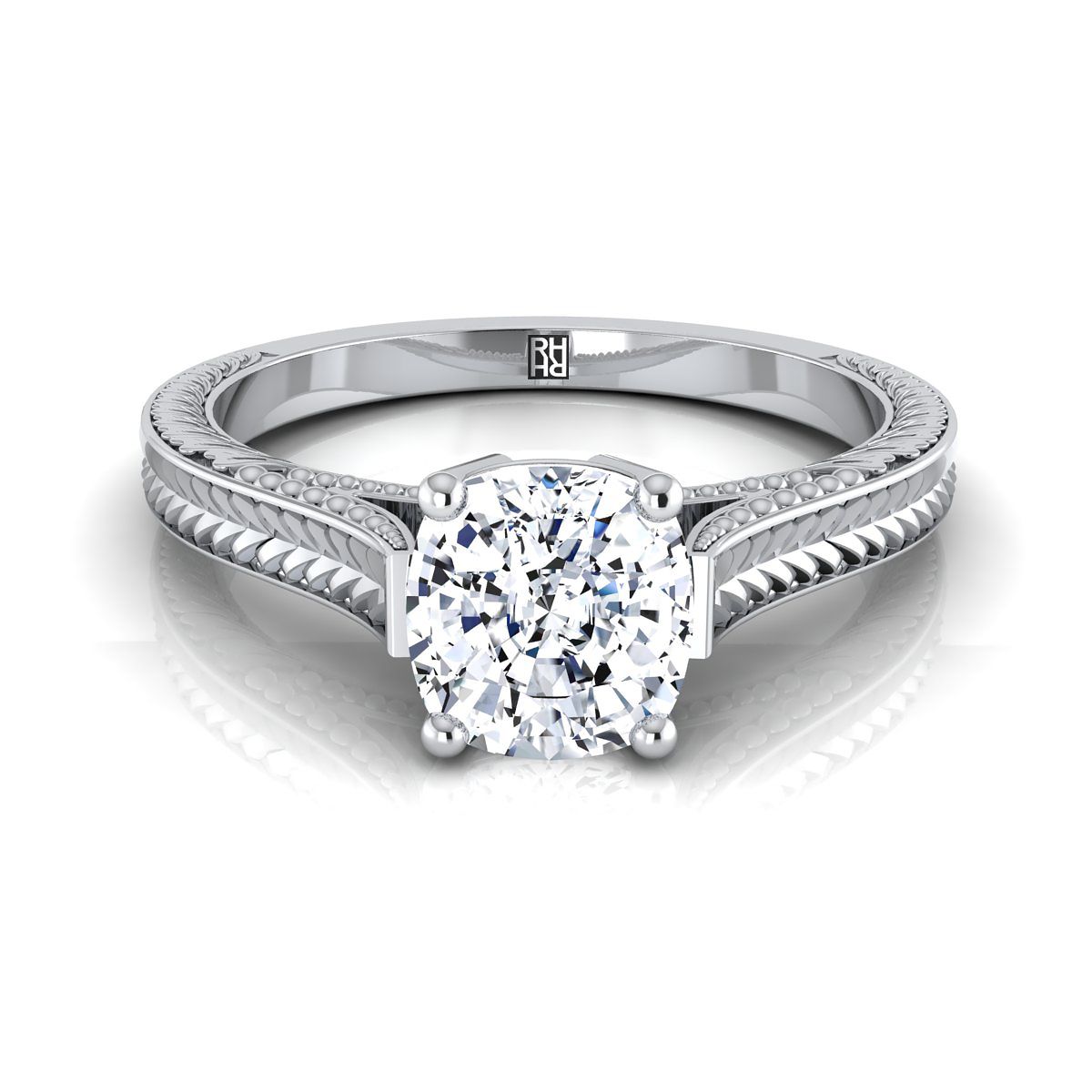 Hand-Engraved Vintage Cathedral Solitaire Cushion, in 18K White Gold, prong setting | RockHer
