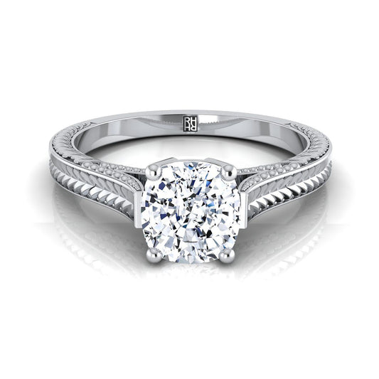 Hand-Engraved Vintage Cathedral Solitaire Cushion, in 18K White Gold, prong setting | RockHer
