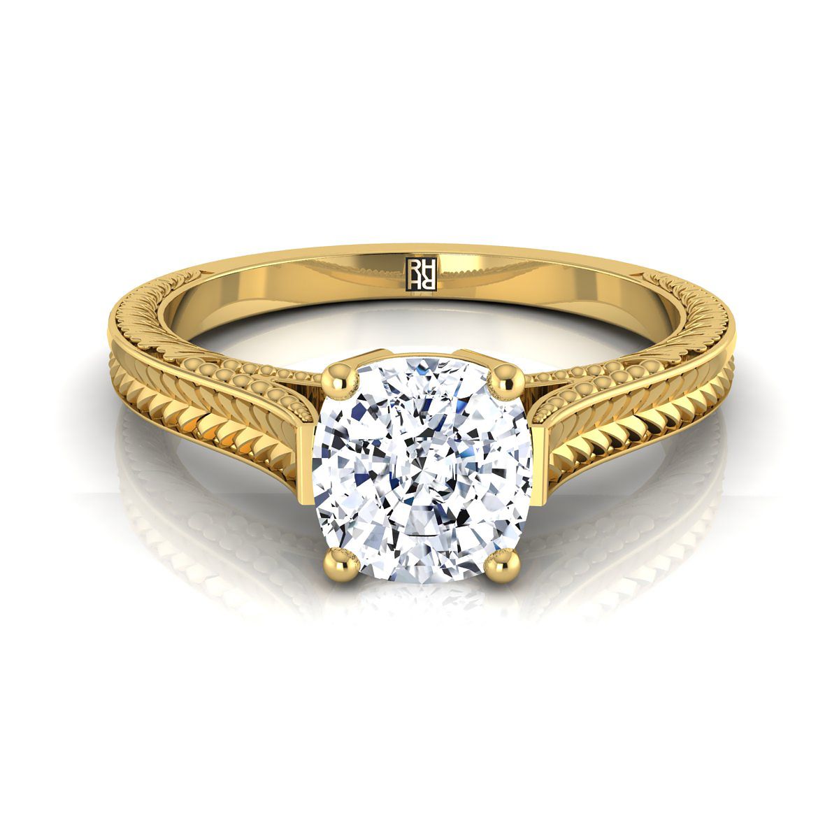 Hand-Engraved Vintage Cathedral Solitaire Cushion, in 18K Yellow Gold, prong setting | RockHer
