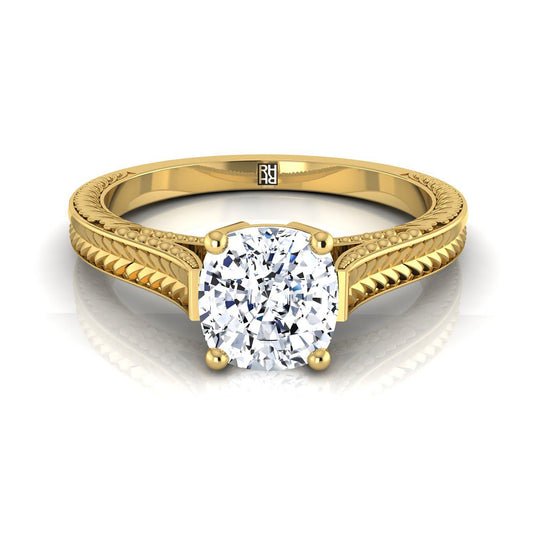 Hand-Engraved Vintage Cathedral Solitaire Cushion, in 18K Yellow Gold, prong setting | RockHer