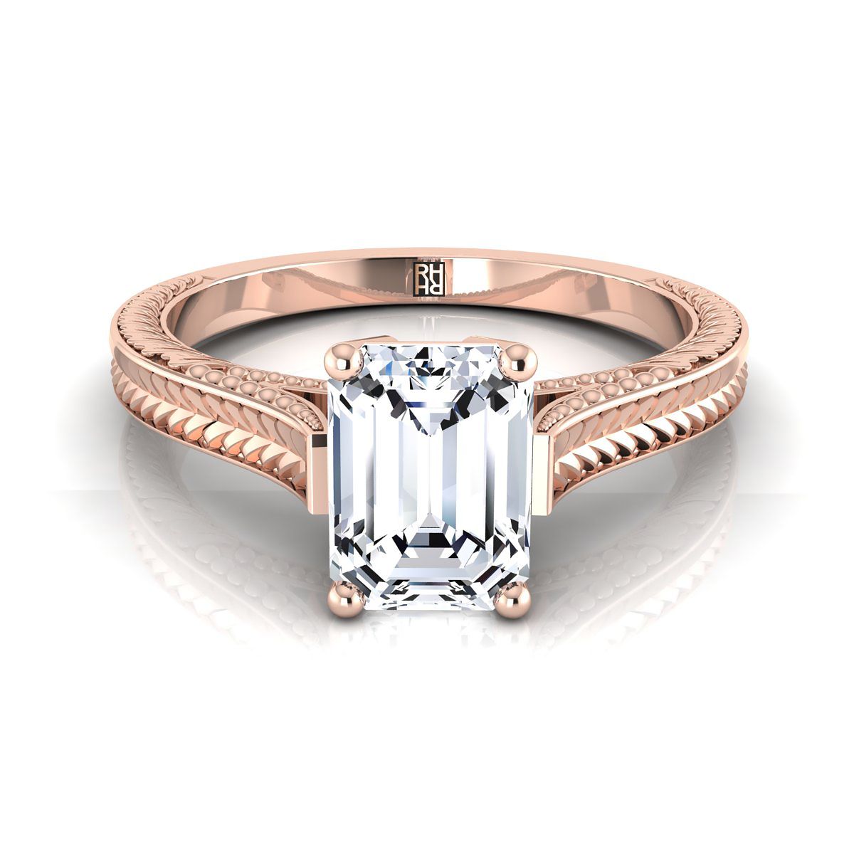 European Cut, Hand-Engraved Vintage Cathedral Solitaire Emerald, in 14K Rose Gold, prong setting | RockHer