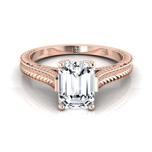 European Cut, Hand-Engraved Vintage Cathedral Solitaire Emerald, in 14K Rose Gold, prong setting | RockHer