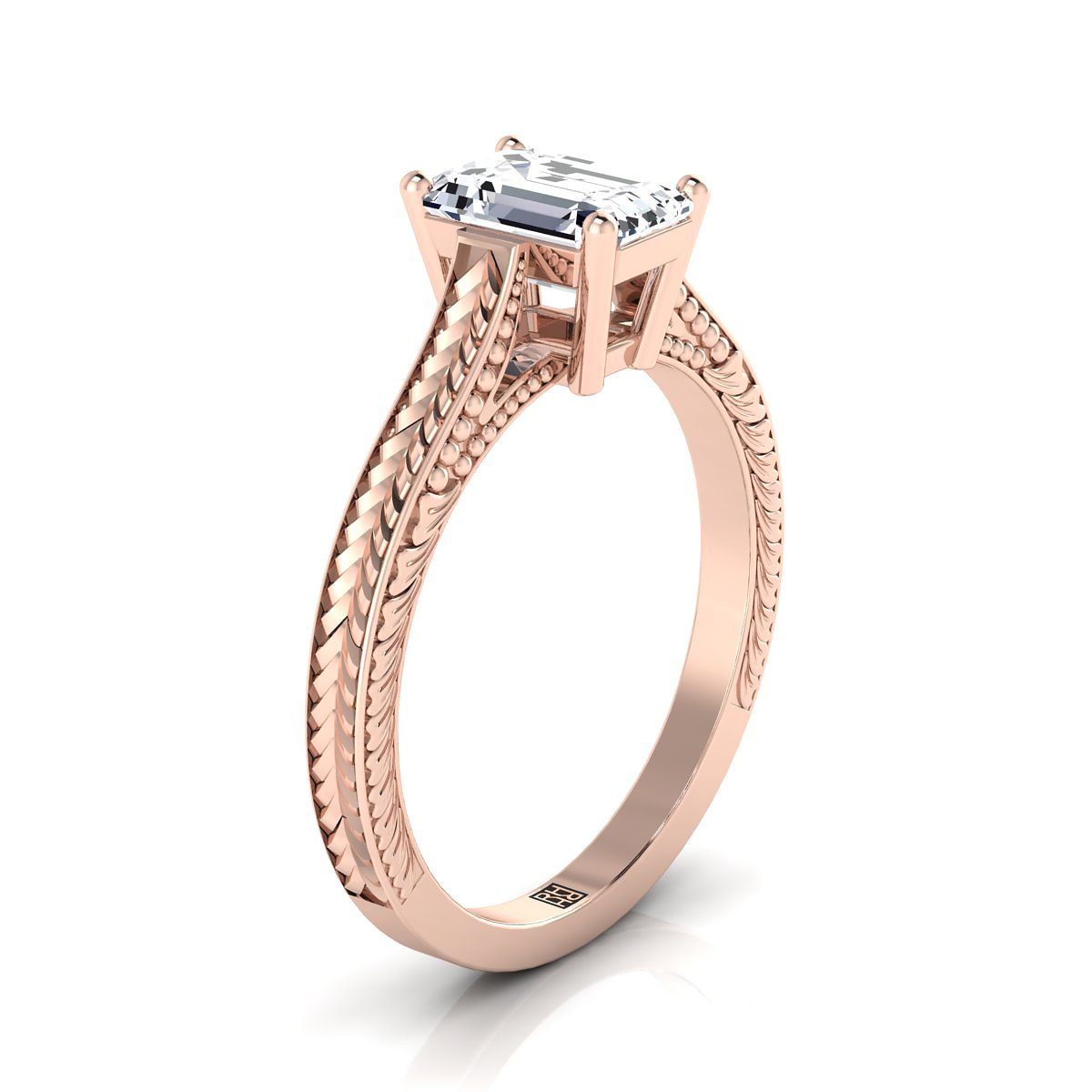 European Cut, Hand-Engraved Vintage Cathedral Solitaire Emerald, in 14K Rose Gold, prong setting – side profile | RockHer