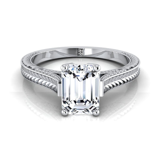 European Cut, Hand-Engraved Vintage Cathedral Solitaire Emerald, in Platinum, prong setting | RockHer