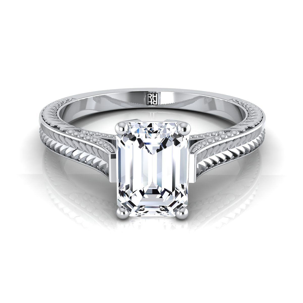European Cut, Hand-Engraved Vintage Cathedral Solitaire Emerald, in 18K White Gold, prong setting | RockHer