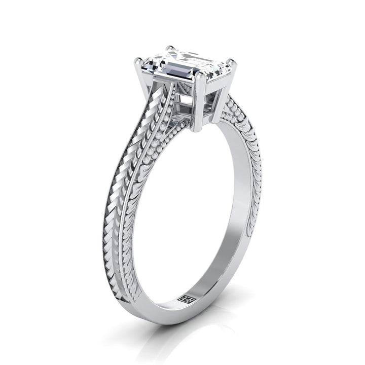 European Cut, Hand-Engraved Vintage Cathedral Solitaire Emerald, in 18K White Gold, prong setting – side profile | RockHer