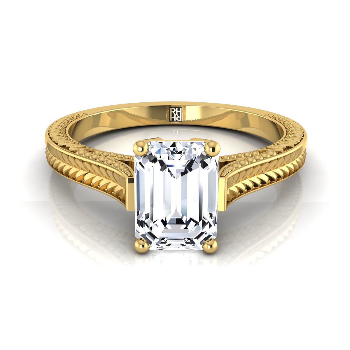 European Cut, Hand-Engraved Vintage Cathedral Solitaire Emerald, in 18K Yellow Gold, prong setting | RockHer