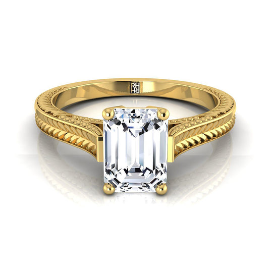 European Cut, Hand-Engraved Vintage Cathedral Solitaire Emerald, in 18K Yellow Gold, prong setting | RockHer